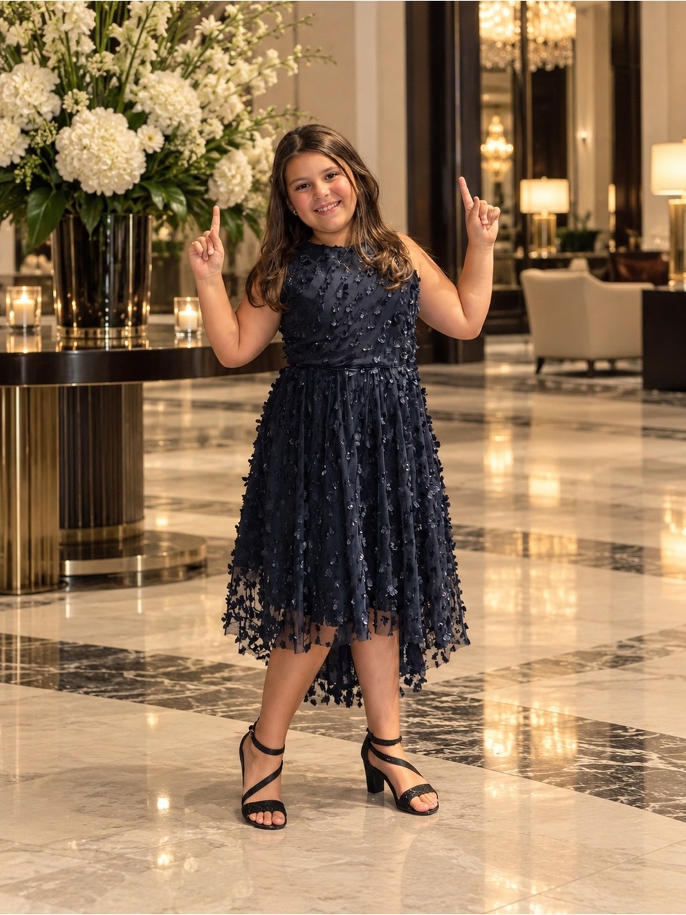 Rare Editions Navy Floral Appliqué High-Low Formal Dress